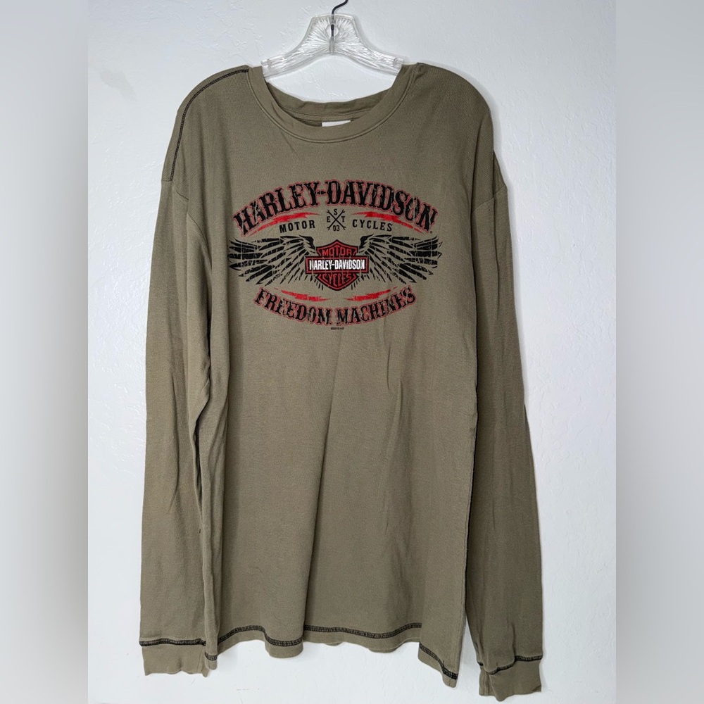 Vintage Harley Davidson Motorcycle Brown Thermal Shirt Morgan Hill Ca Mens Sz XL